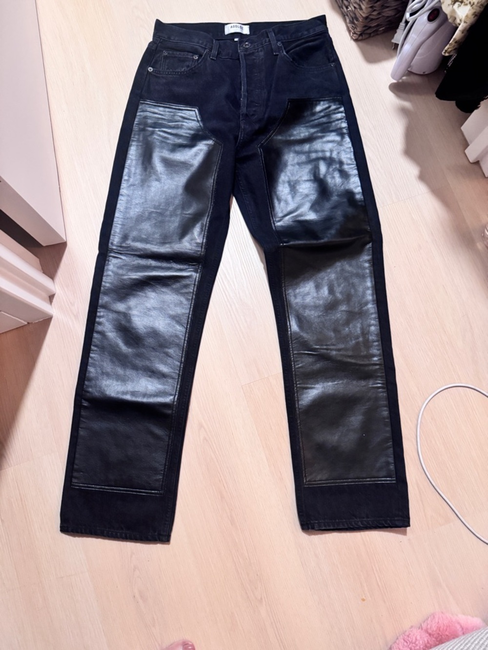 Agolde Women’s Straight Leg Jeans with Black Leather Front Panels